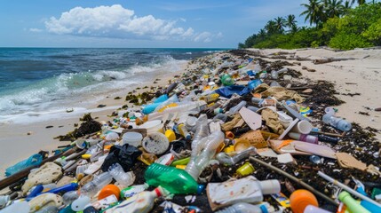 Plastic Waste Accumulation on Beach Shoreline