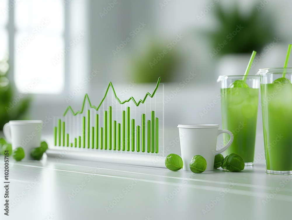 Canvas Prints Green Growth Chart with Green Drinks and Coffee Cups.