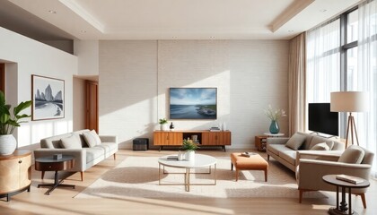 Elegant living room with a modern twist, showcasing a minimalist design, textured wall accents, and a mix of vintage and contemporary furniture pieces.