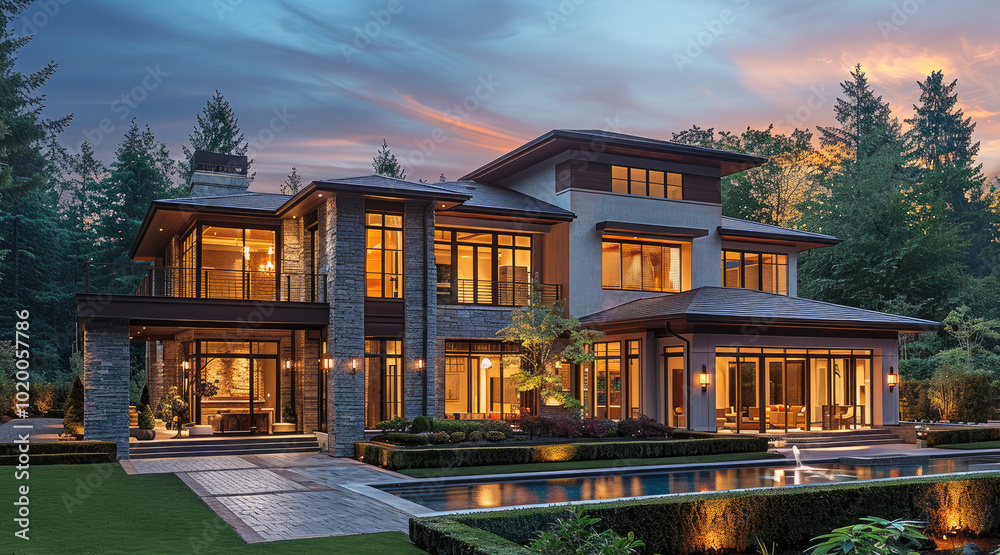 Aufkleber exterior of a transitional home in a secluded setting. warm lighting with bold design and colors.