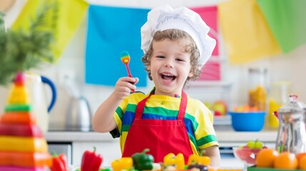 Joyful Child in Chef Attire Preparing Playful Food