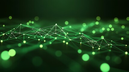 A network of luminous green points and lines create a dynamic abstract representation, highlighting the beauty of interconnected data and digital landscapes