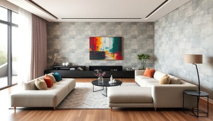 Elegant living room featuring a unique layout, with a low-profile sectional, vibrant artwork, and a textured wall that adds depth to the design.