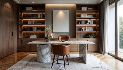 chic home office with a marble desk, leather chair, and floor-to-ceiling bookshelves