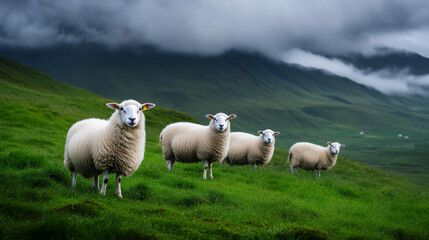 Obraz premium A herd of Icelandic sheep grazing on a green hillside, with dramatic clouds overhead.