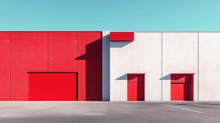 Red and white building with doors and parking lot.