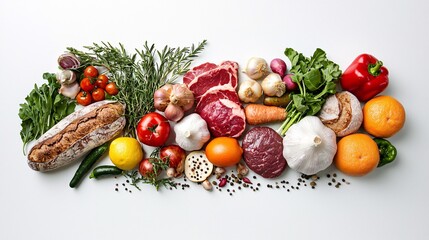 Fresh, locally sourced ingredients artfully arranged against a crisp backdrop, showcasing vibrant vegetables, handmade bread, and organic meats to encourage sustainable dining choices.