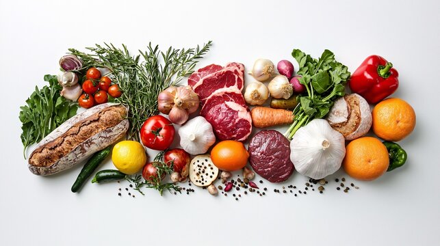 Fresh, locally sourced ingredients artfully arranged against a crisp backdrop, showcasing vibrant vegetables, handmade bread, and organic meats to encourage sustainable dining choices.