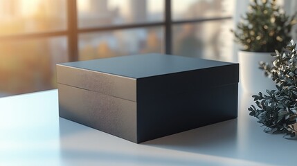 A sleek black box on a table with a soft background light.