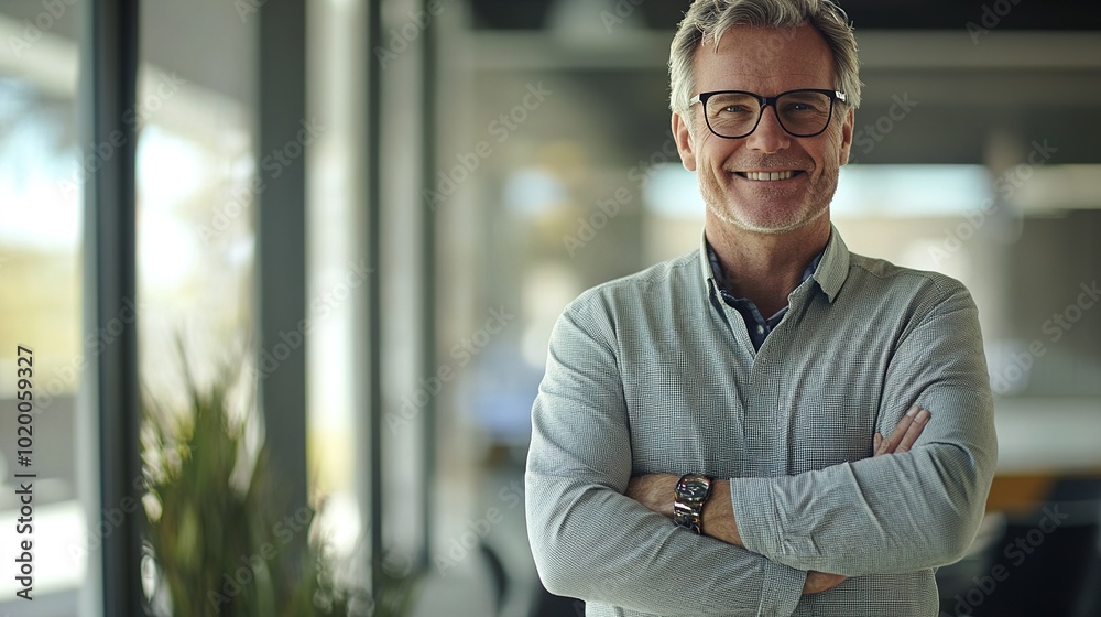 Poster Confident Businessman Smiling in Modern Office Setting