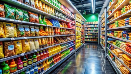 Fototapeta premium Vibrant and Colorful Shelves Filled with Assorted Snacks and Beverages in a Convenience Store Aisle