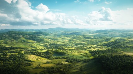 Naklejka premium Rolling hills and green forests under a cloudy sky.