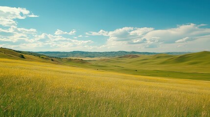 Obraz premium Rolling hills, green fields, blue sky, white clouds.