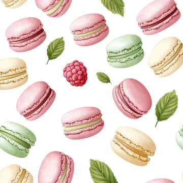Watercolor seamless pattern of raspberry macarons on a white background, charming and artistic. cutout png