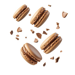 Fototapeta premium Flying chocolate macarons, isolated against a white background, dynamic and playful. cutout png