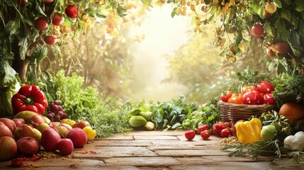 Fresh fruit and vegetables on a wooden table.
