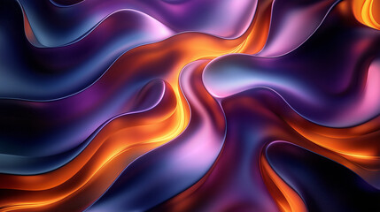Fototapeta premium Wavy Golden and Purple Metallic 3D Background,abstract flowing shapes with smooth, curved lines, metallic and iridescent surfaces, soft gradients of purple and copper