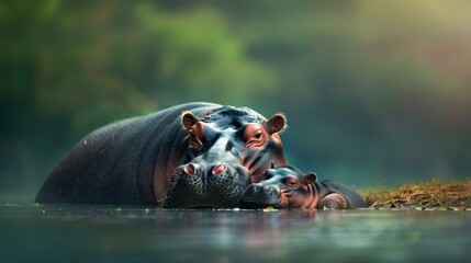 Fototapeta premium Baby Hippo Resting by Riverbank with Parent