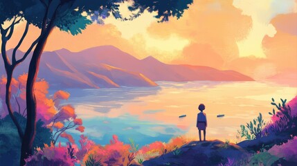 Man gazes at water, mountains, sunset.