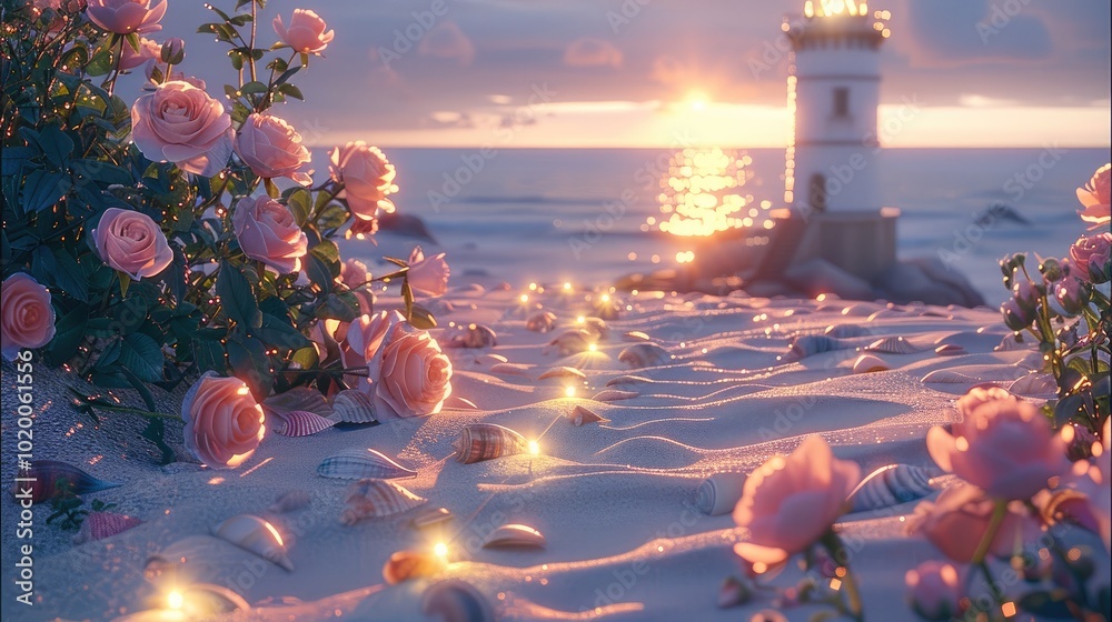 Poster roses and pink peonies grow on the beach, and a row of sparkling shells lead to an ancient lighthous