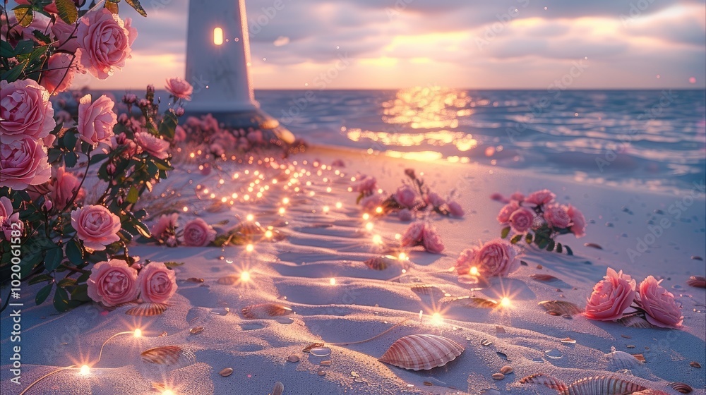 Poster roses and pink peonies grow on the beach, and a row of sparkling shells lead to an ancient lighthous