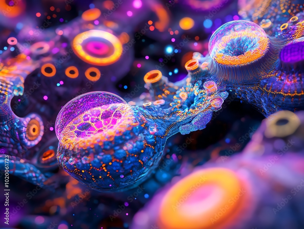 Leinwandbilder A colorful abstract scene where 2D patterns interact with glowing, dynamic 3D shapes floating above