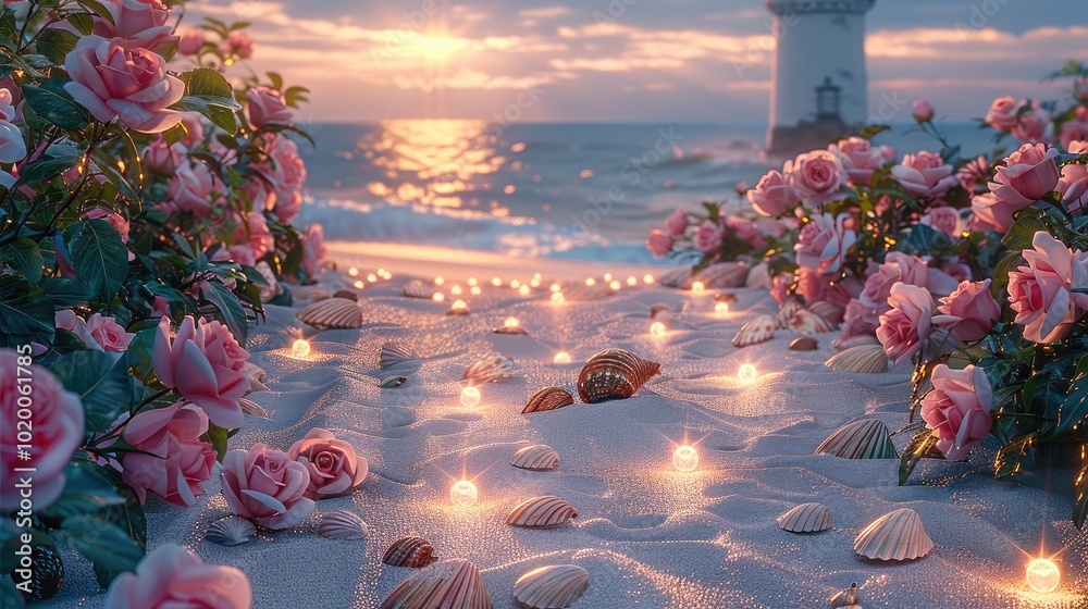 Aufkleber roses and pink peonies grow on the beach, and a row of sparkling shells lead to an ancient lighthous