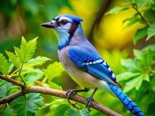 Vibrant Blue Jay Perched on a Branch Surrounded by Lush Green Foliage in Natural Habitat