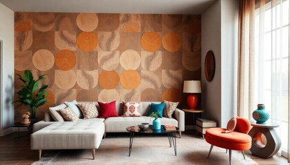 Retro-inspired living room with unique wall textures, showcasing a patterned wallpaper, a low-profile sofa, and decorative accessories in vibrant colors.