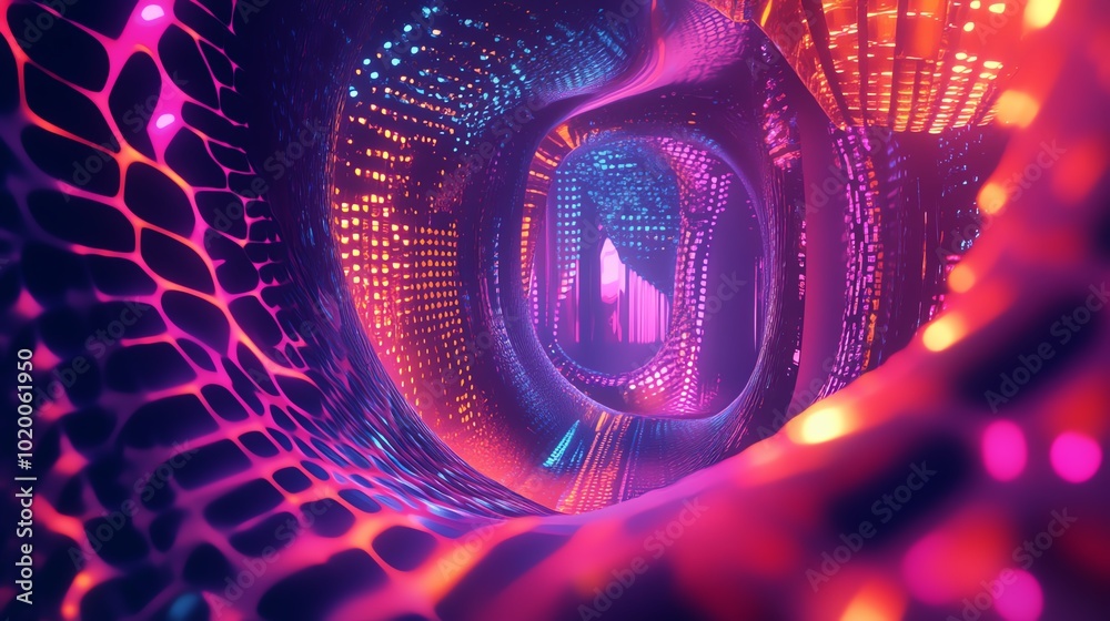 Aufkleber a colorful mix of 2d abstract patterns blending seamlessly into glowing 3d shapes in a surreal, futu