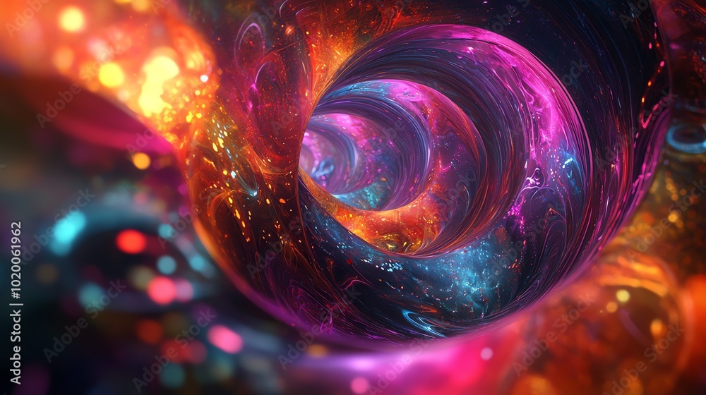 Aufkleber A colorful mix of 2D abstract patterns blending seamlessly into glowing 3D shapes in a surreal, futuristic space