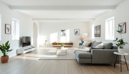 Scandinavian-inspired living room with a unique layout, featuring soft white walls, light wood floors, and a cozy, modular sofa. The decor is minimal with a focus on functionality.