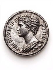 An intricately designed ancient coin is showcased against a spotless white backdrop, highlighting its historical value and educational appeal.