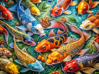Vibrant Colored Koi Fish Drawing with Intricate Patterns and Artistic Flourishes for Decorative Use
