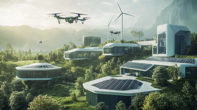 A futuristic research facility with solar-powered drones and wind-powered robotics, pushing the boundaries of green energy innovation