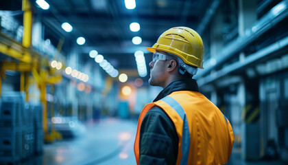 Industrial Worker in Safety Gear Inspecting Modern Factory | Manufacturing, Safety Equipment, Hard Hat