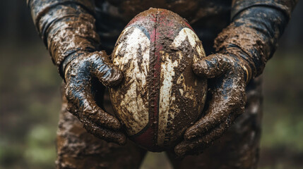 Close-up of a muddy rugby player holding the ball during a game