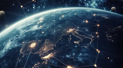 Aerial View of Earth with Network Connections at Night