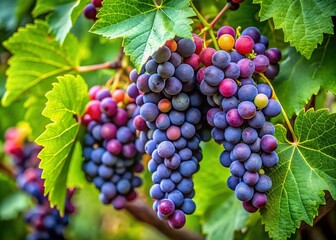 Fototapeta premium Vibrant Fox Grape Plant with Lush Green Leaves and Clusters of Juicy Grapes in Natural Setting