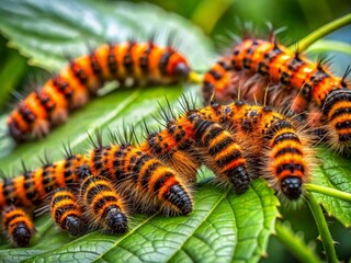 Naklejka premium Vibrant Fuzzy Orange and Black Caterpillars Crawling on Green Leaves in a Natural Environment