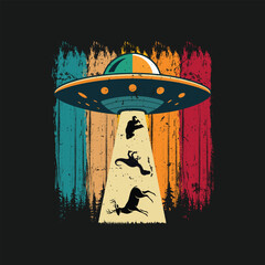 Funny Retro  Dinosaur, Bigfoot And Deer Vintage UFO Alien T-shirt Design © T-shirt Village