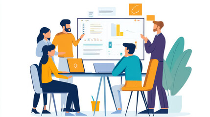 Group of business professionals brainstorming ideas in virtual meeting, digital whiteboards and shared files, energetic and innovative,