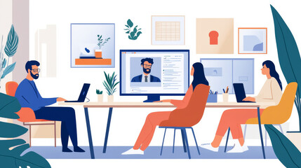 Fototapeta premium Professionals working remotely in coworking space, engaging in video calls and discussions, comfortable and tech-friendly setting,