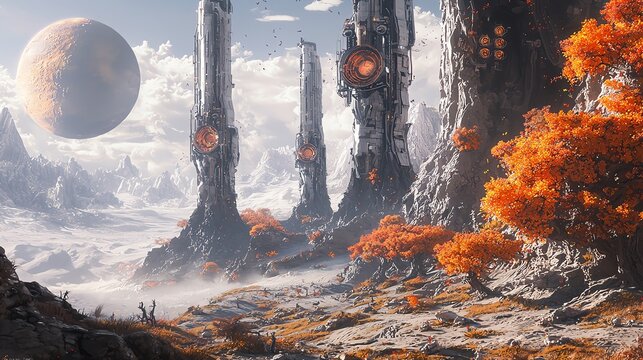 A distant planet covered in alien technology, with towering machines reshaping the landscape