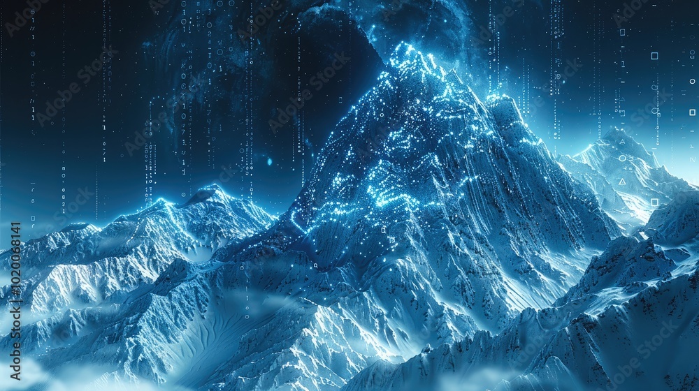 Poster A technological mountains in blue binary code and energy ascending to space.