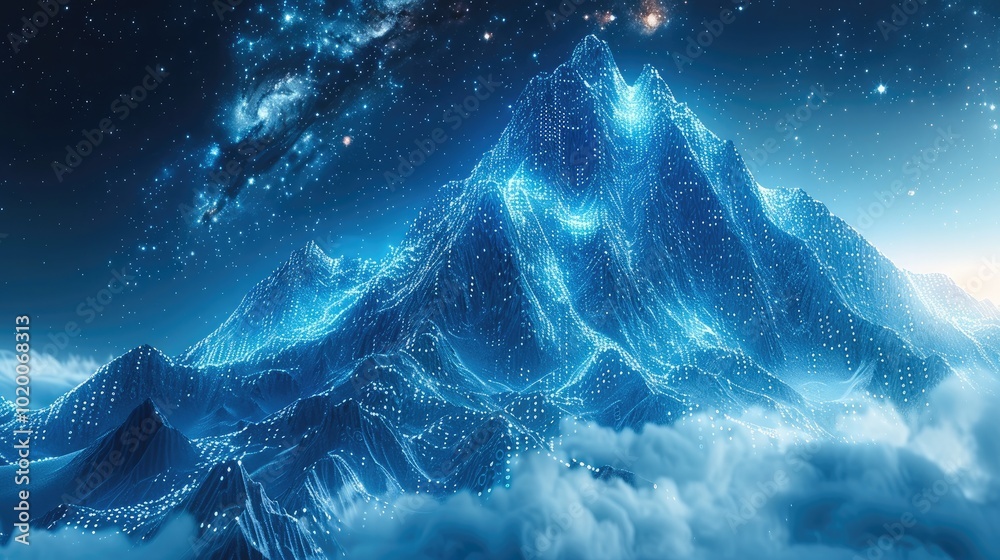 Poster A technological mountains in blue binary code and energy ascending to space.