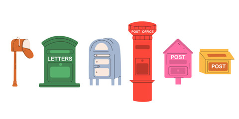 Flat vector illustration with mailboxes.Mailboxes, Postal letterboxes set. Different postboxes, envelope with mail, postcard.Isolated design elements. Delivery, message, communication concept.