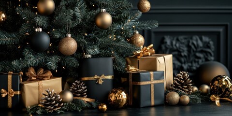 A beautiful christmas tree adorned with black and gold ornaments stands next to elegantly wrapped presents. the festive scene exudes sophistication and holiday cheer in a stylish setting.