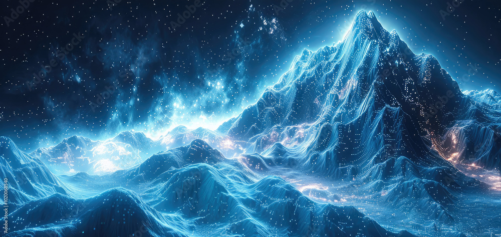 Aufkleber a technological mountains in blue binary code and energy ascending to space.