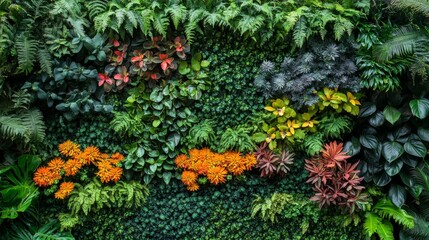 Lush Green Wall with Assorted Plants and Flowers